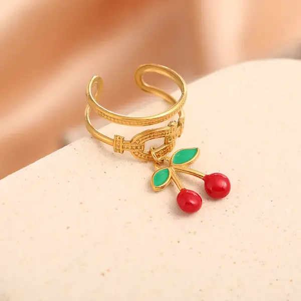 Wholesale Ion Plating (IP) 18K Gold Plated Cherry 304 Stainless Steel Elegant Cute Luxurious Waterproof Non Tarnish Open Rings