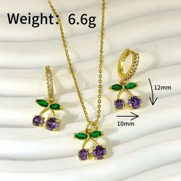 Wholesale Jewelry Elegant Cute Cherry Copper Zircon 18K Gold Plated Earrings Necklace Jewelry Set