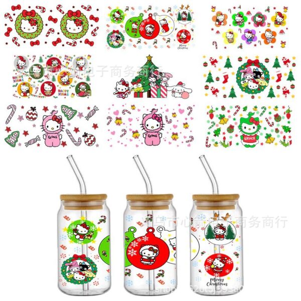 Wholesale Christmas HelloKitty UVDTF Crystal Transparent Sticker Cute Cartoon Pattern Glass Waterproof Scratch Resistant Cross Border