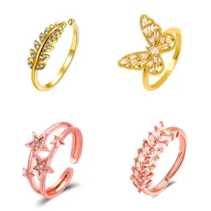 Wholesale New Style Copper Inlaid Zircon Butterfly Star Leaf Opening Ring