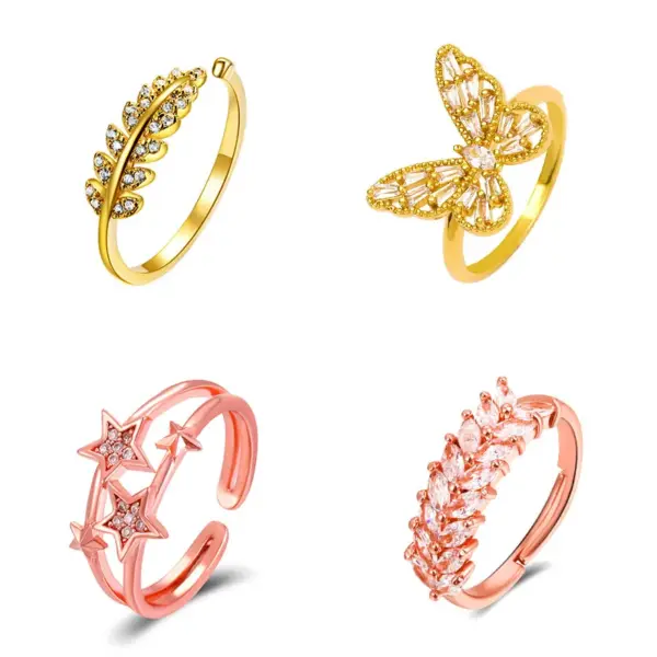 Wholesale New Style Copper Inlaid Zircon Butterfly Star Leaf Opening Ring