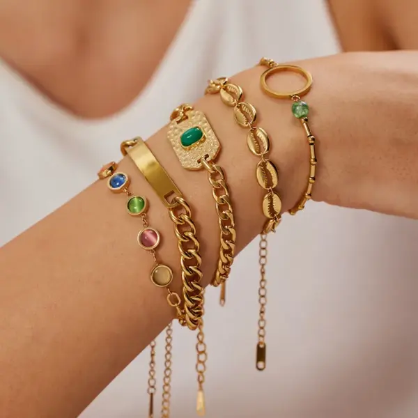 Wholesale INS Style Hip-Hop Oval Shell Stainless Steel Artificial Gemstones Bracelets In Bulk