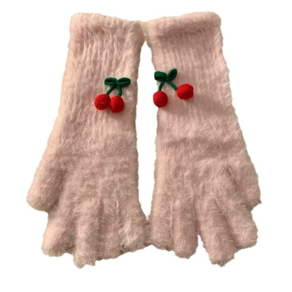 Wholesale Japanese Cute Five-Finger Cherry Plush Gloves Women's Autumn and Winter Travel Cycling Warm Cold-proof Touchscreen All-match Gloves