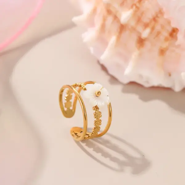 Wholesale Elegant Pearl Flower Stainless Steel Open Ring Gold Plated Adjustable Band Casual Holiday Jewelry Accessory For Women