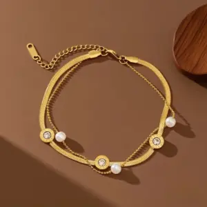 J05075-Pearl Roman White Diamond-Anklet- Gold
