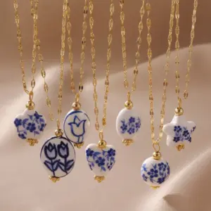 Wholesale Jewelry Chinoiserie Classical Geometric 304 Stainless Steel Ceramics Plating Cable Chain Pendant Necklace