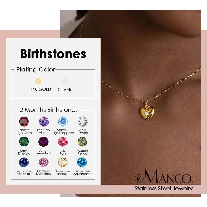Wholesale Elegant 304 Stainless Steel Zircon Birthstone Necklace Vacuum Furnace Electroplating 14K Women Luxury Style Heart Pattern Pendant