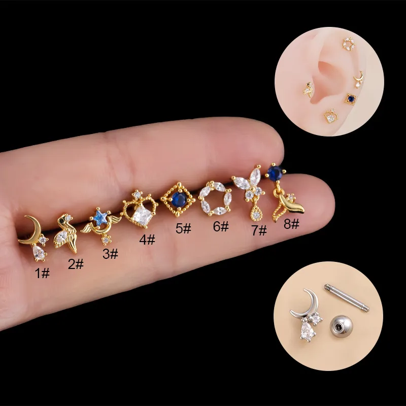 Wholesale 1 Piece 316L Stainless Steel Copper Zircon Ear Cartilage Rings & Studs Moon Water oplets Heart Shape Waterproof Non Tarnish Surgical Ste