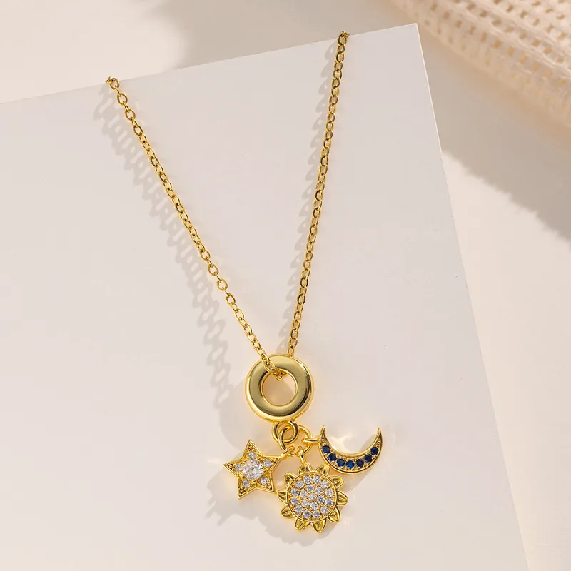 Wholesale 316 Stainless Steel Copper Sun Star Moon Electroplated 18K Real Gold Plated Elegant Cable Chain Pendant Necklace