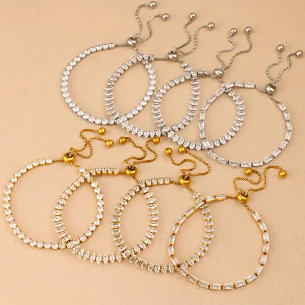Wholesale Elegant Fashion Ultra Shiny Full Diamond Bracelet Women Stainless Steel Adjustable Bracelets Multiple Styles Round Oval Rectangle