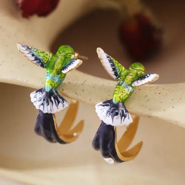 Hummingbird Bird Copper Cute Enamel Earrings Ear Studs