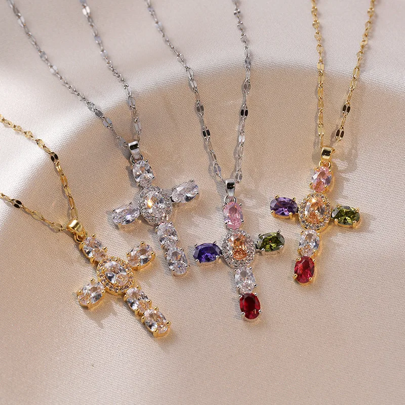 Wholesale Casual Simple Style Cross Titanium Steel Inlay Zircon Pendant Necklace