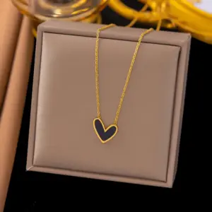 【H214】Black and White Heart Necklace / Gold