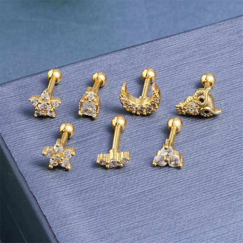 Wholesale Stainless Steel 1.2 Gauge Ear Studs Female Screw Ball Piercing Cartilage Star Moon Shape Earring Cute Country Style Gold Color