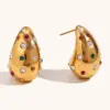 Wholesale 304 Stainless Steel Water Droplets PVD Coated Artificial Diamond 18K Real Gold Plated 18K Gold Waterproof Non Tarnish Plating Inlay Ear Studs