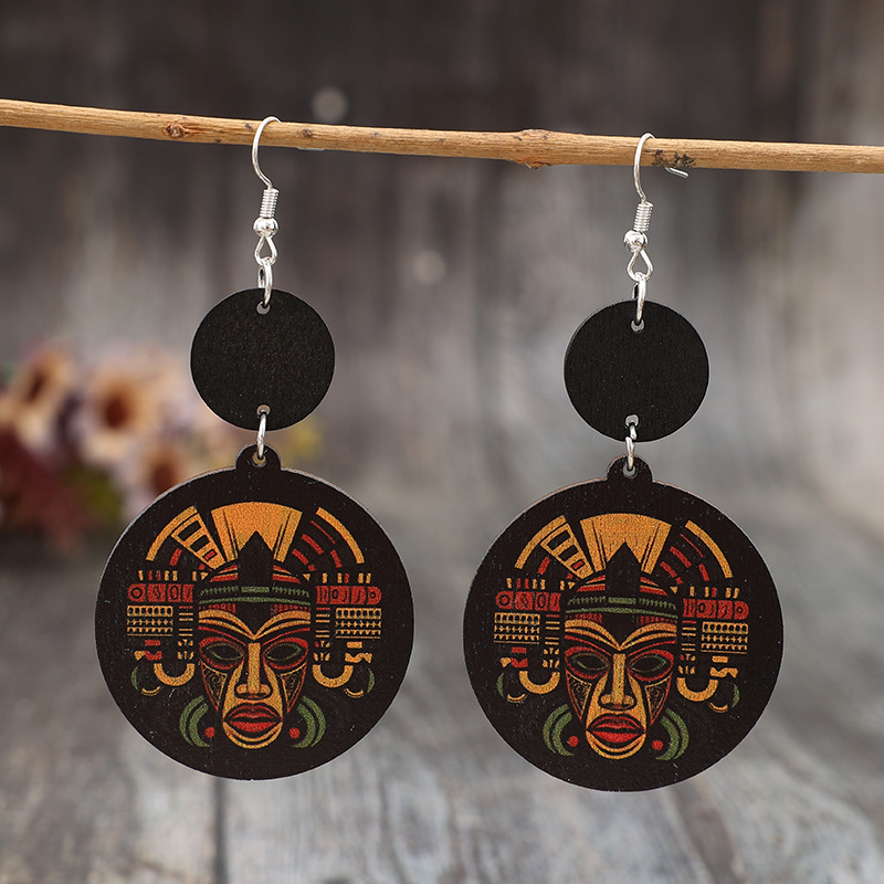 Wholesale Geometric Printed Pharaonic Image Vintage Wooden Earrings
