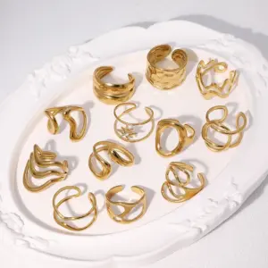 Wholesale Minimalist 304 Stainless Steel Open Ring Geometric Lines Minimalist Cold Style 18K Gold Plated Vacuum Electroplating Waterproof Non-Fading Eight-Pointed Star Oval Titanium Steel Ring For Women