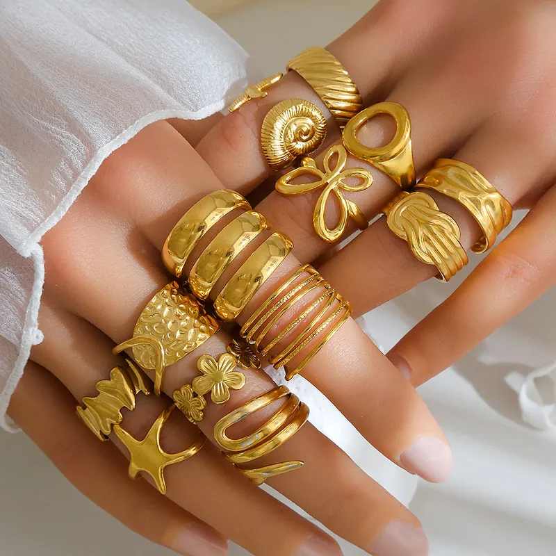 Wholesale Trendy Geometric Wide Face Stainless Steel Rings Gold Plated Titanium Steel For Women Personality Hip Hop Style Adjustable Size