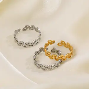 Wholesale PVD Coated 18K Gold Plated Leaves 304 Stainless Steel Simple Style Waterproof Non Tarnish Open Rings