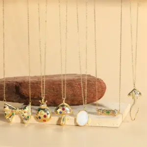 Wholesale 14K Gold Plated Copper Electroplating Zircon Ladybugs Mushroom Bow Knot Plating Inlay Simple Style Pendant Necklace For Women's