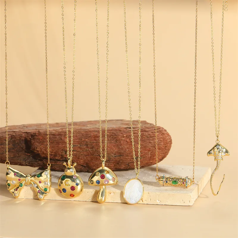 Wholesale 14K Gold Plated Copper Electroplating Zircon Ladybugs Mushroom Bow Knot Plating Inlay Simple Style Pendant Necklace For Women's