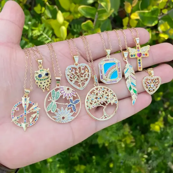 Wholesale Stainless Steel 18K Gold Plated Fashion Inlay Heart Shape Owl Zircon Pendant Necklace