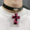 Wholesale Original homemade handmade personalized niche hot girl jewelry genuine leather leopard-print Diamond-embedded cross necklace collar