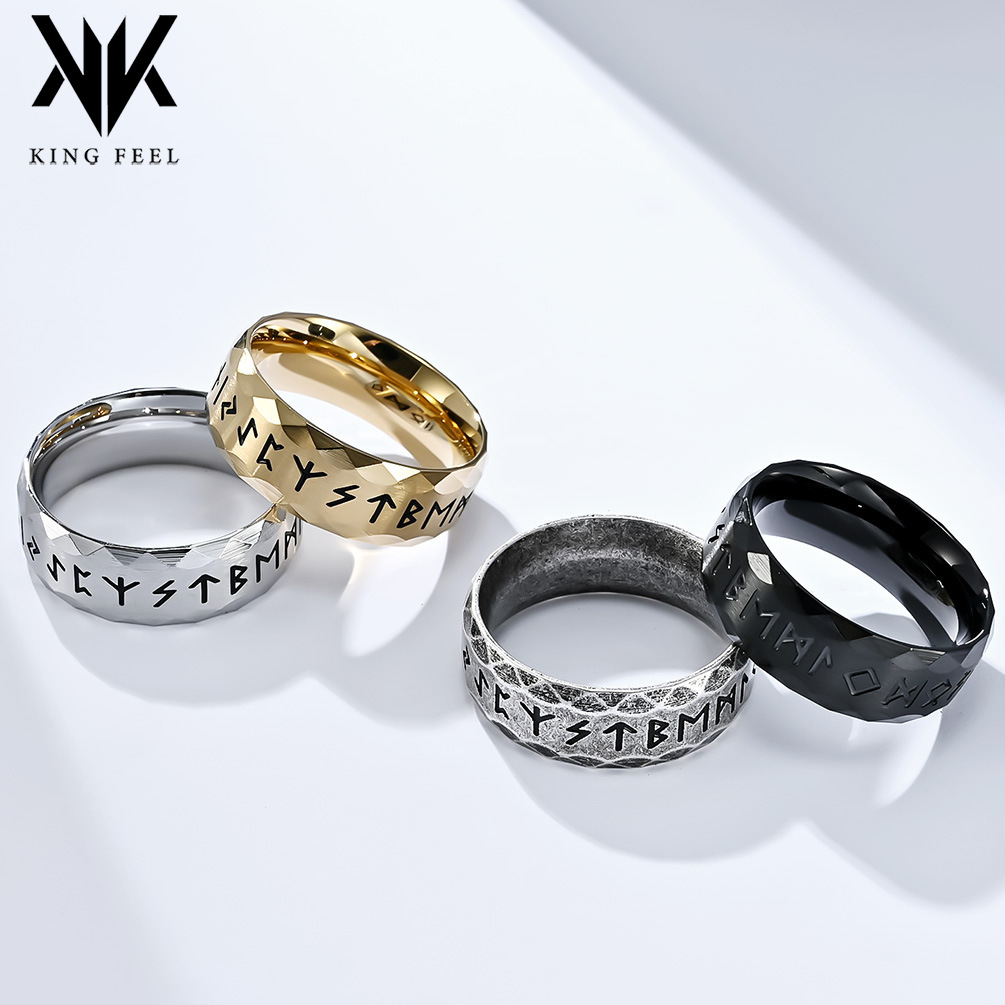 Wholesale Cross-Border E-Commerce New Retro Nordic Viking Text Luen Titanium Steel Ring Antique Sier Men's Hand Jewelry opshipping