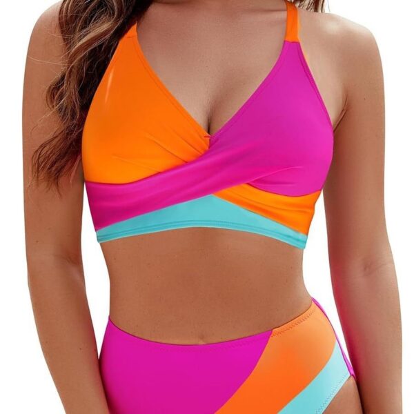 Wholesale Contrast Color 2 Piece Swimsuit Women's Strap Cross Bra Top Swimsuit Women's Beach Holiday Swimsuit Bikini suit