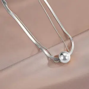 【H231】Golden Ball Double-Layer Chain Necklace / Steel Color