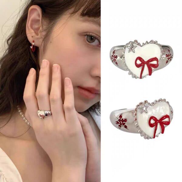Wholesale Retro Thousand Gold Red French Cute Girly Bow Love Opening Design Adjustable Ring for Women