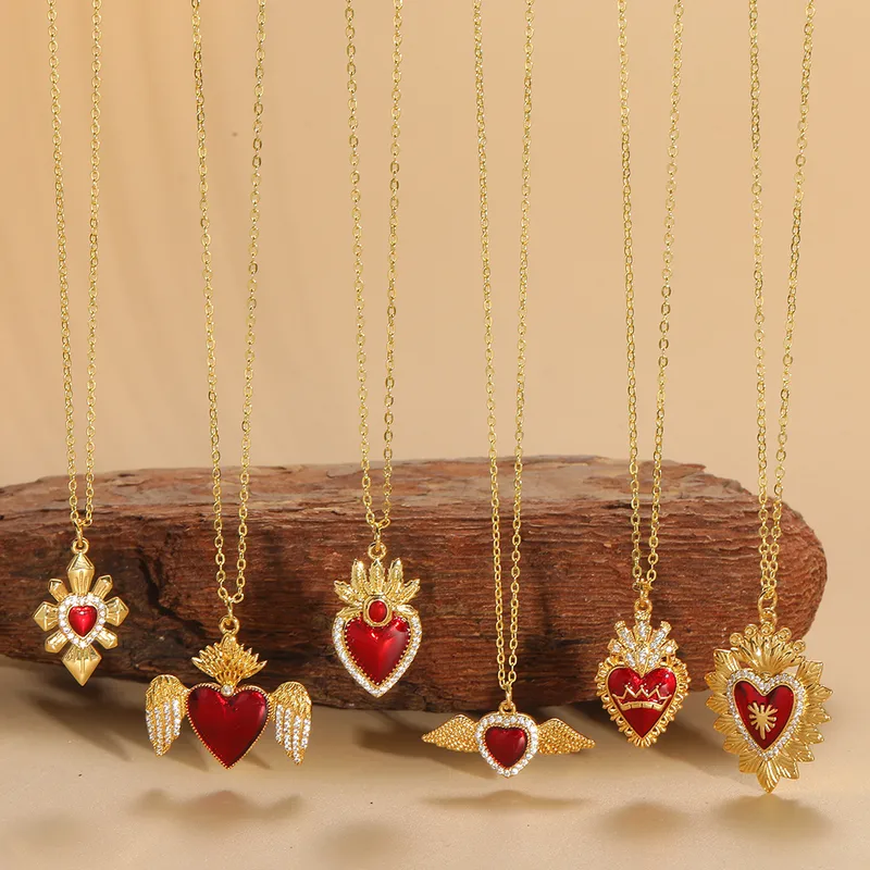Wholesale Copper 14K Gold Plated Enamel Inlay Heart Shape Wings Zircon Pendant Necklace