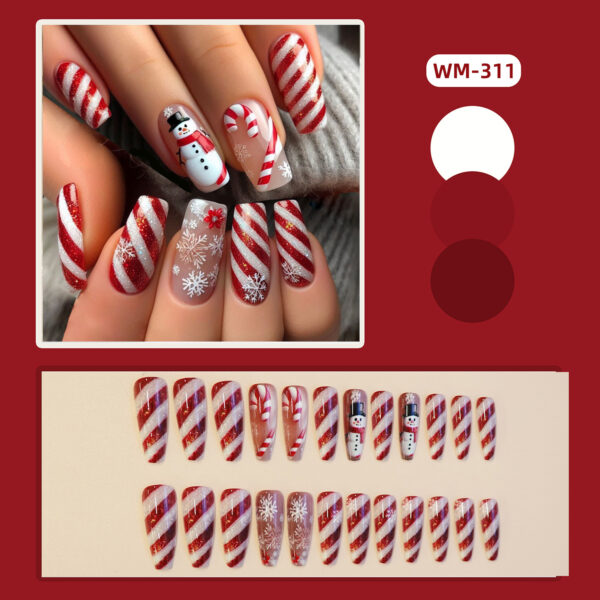 Wholesale WM-311 Red and White Striped False Nails, Long T-Shaped Style, Christmas Snowflake and Snowman Line Decorations, Wearable Nail Tips