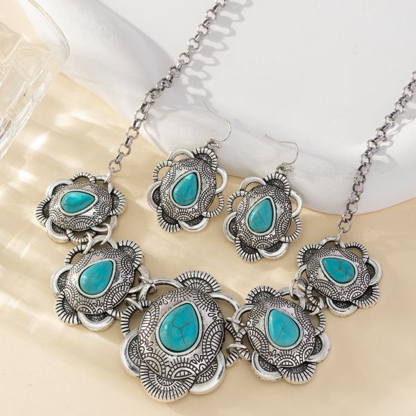Wholesale Cross-border European and American New Retro Drop Green Necklace Earrings Jewelry suit Western-style Exaggerated Turquoise Jewelry