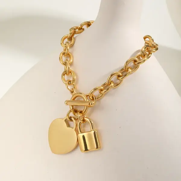 304 Stainless Steel Women's Fashion Punk Round Cross Chain Heart Lock Bracelet + Necklace Jewelry Set 18K Gold Plated