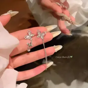 2#A1830 Silver Opal Butterfly Tassel Earrings / 925 Silver