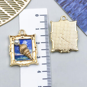 1 blue square pearl conch 26x19x5mm-3.55g-23582 / Monet garden oil painting style three-dimensional pendant