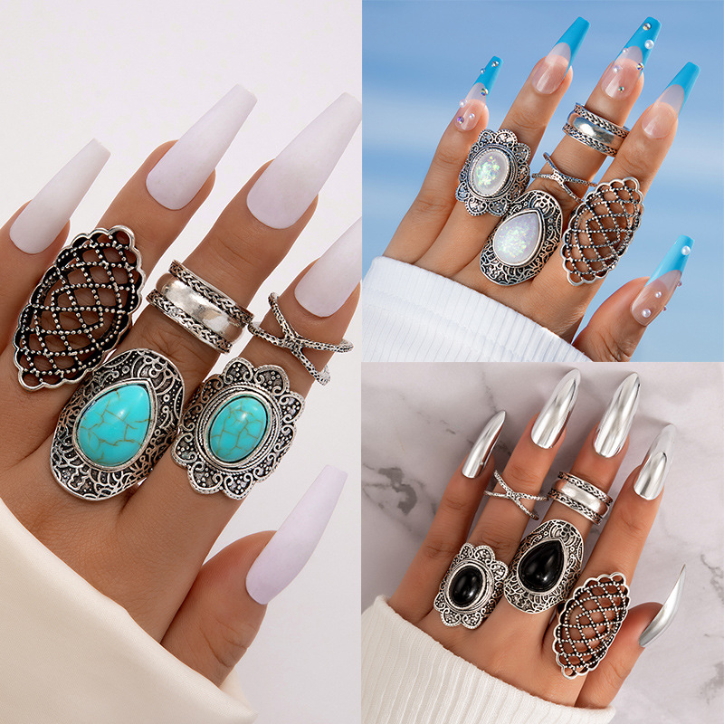 Wholesale Black and White Emerald Ring Personalized Retro Oil opping Cross Hollow Wide-brimmed Ring 5-piece Set