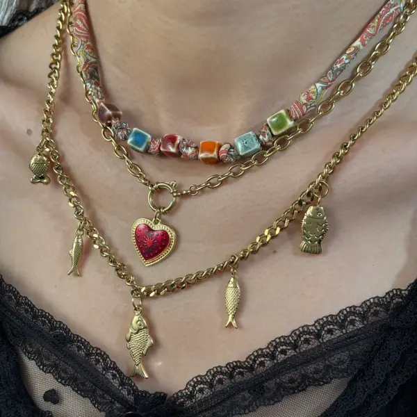 Wholesale Jewelry Casual Elegant Classical Heart Shape Ladybugs Flower 304 Stainless Steel Bandana Cloth Strip 18K Gold Plated PVD Coated Plating Silk Scarf Cord Cuban Link Chain Curb Chain Cloth Strip Multi Charms Necklace