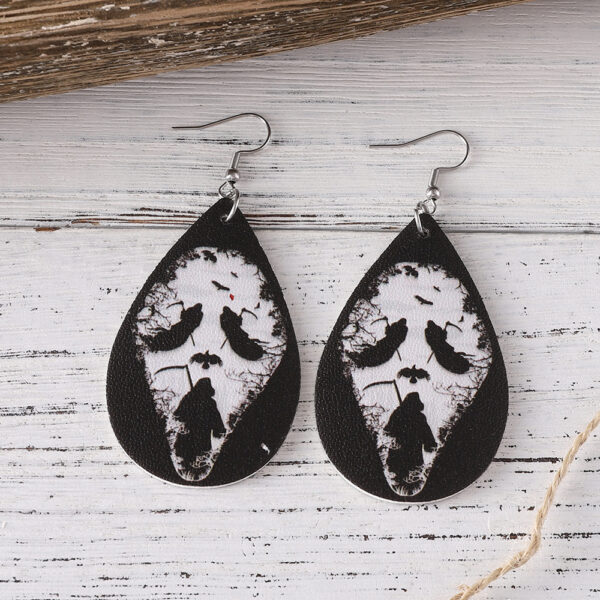 Wholesale Cross-border New Halloween Death Bat Skull Water Drop Pendant Earrings PU Leather Double-sided Ear Jewelry