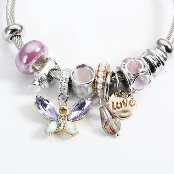 Wholesale Sweet Love Butterfly Titanium Steel Plating Artificial Crystal Artificial Pearls Bangle