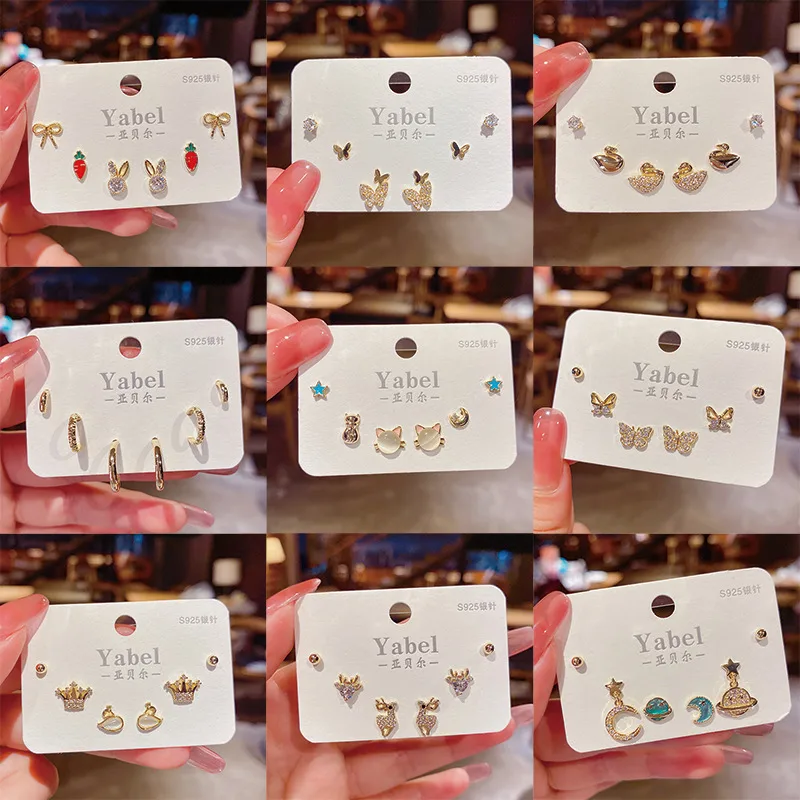 Wholesale Sweet Round Butterfly Snowflake Copper Plating Inlay Zircon Ear Studs 1 Set