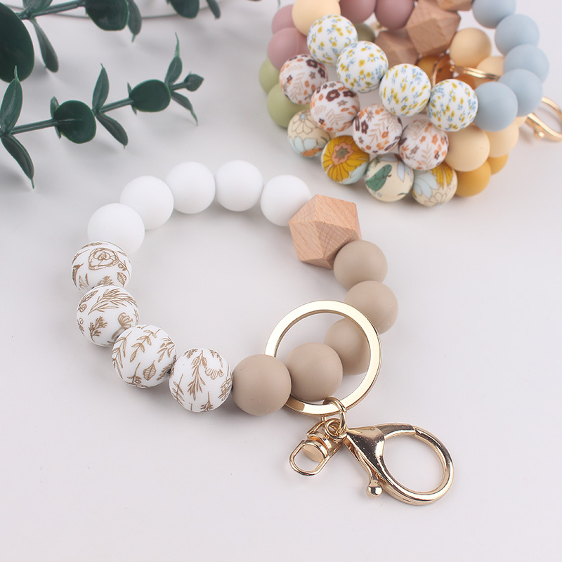 Wholesale In-Stock Temu Silicone Bead Bracelet Beech Wood Octagonal Print Silicone Wrist Keychain Pendant Bracelet