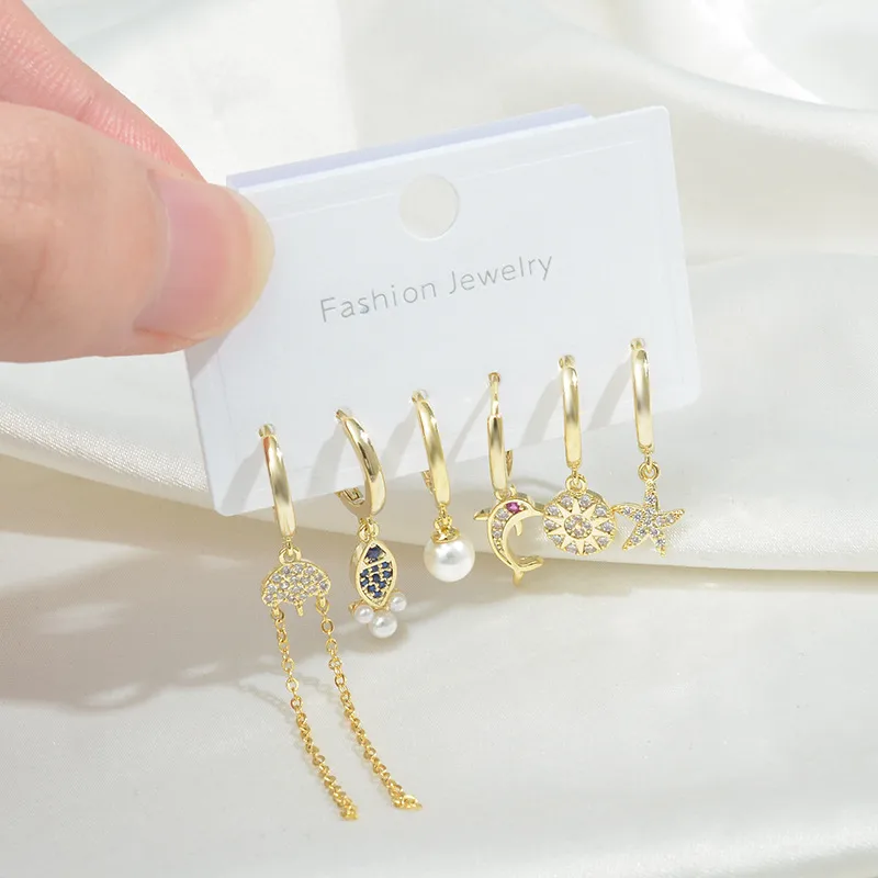 Wholesale Fashion Star Dolphin Copper Drop Earrings Asymmetrical Inlay Pearl Zircon Copper Earrings 3 Pairs