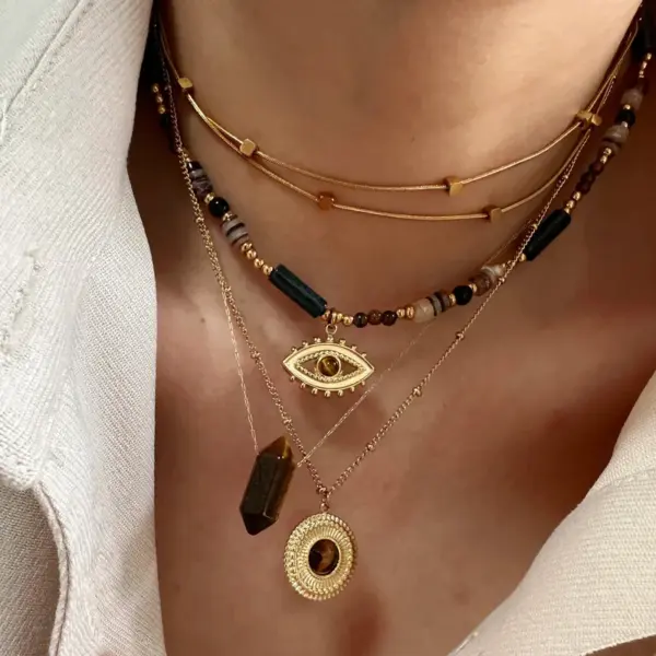 Wholesale 304 Stainless Steel Natural Stone Titanium Steel 14K Gold Plated Retro Ethnic Style Classic Style Plating Geometric Round Eye Rings Necklace