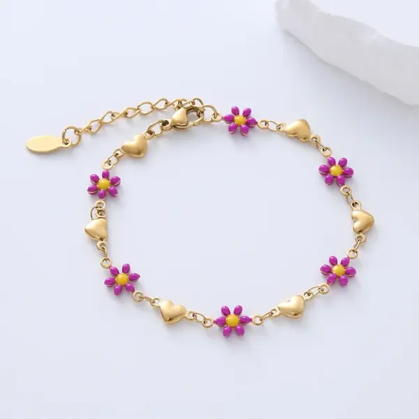 Wholesale 304 Stainless Steel Heart Shape Flower PVD Coated No Inlaid 18K Gold Plated Simple Style Waterproof Non Tarnish Epoxy Lobster Trigger Clasp Closure Colorful Gold Bracelets