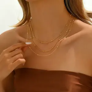X06173-Three-layer Beaded Chain-Necklace- Gold