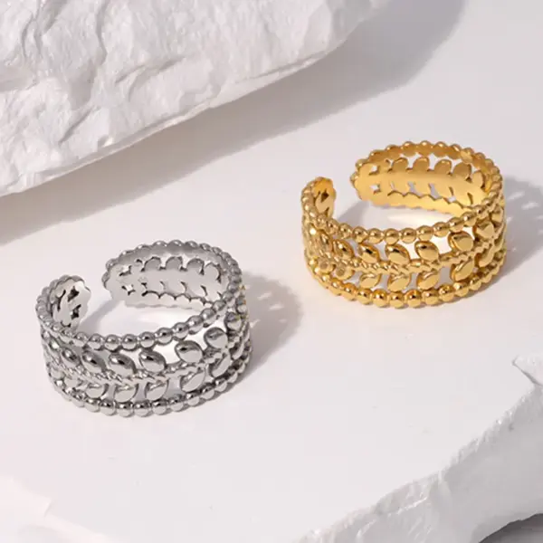 Wholesale PVD Coated Real Gold Plated Leaf Stainless Steel Fashion Waterproof Non Tarnish Open Ring