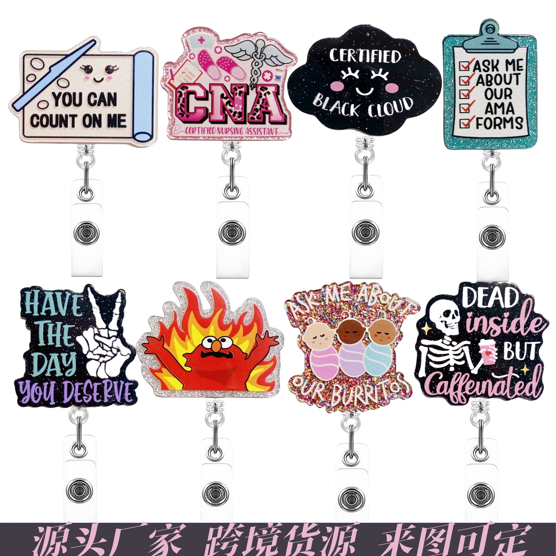 Wholesale Acrylic Glitter Funny Hospital Sta Retractable Rotating Badge Reel Doctor Nurse ID Buckle Easy Pull Buckle