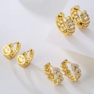 Wholesale 1 Pair Fashion Smile Face Gold Plated Copper Zircon Gold Plated Hoop Earrings
